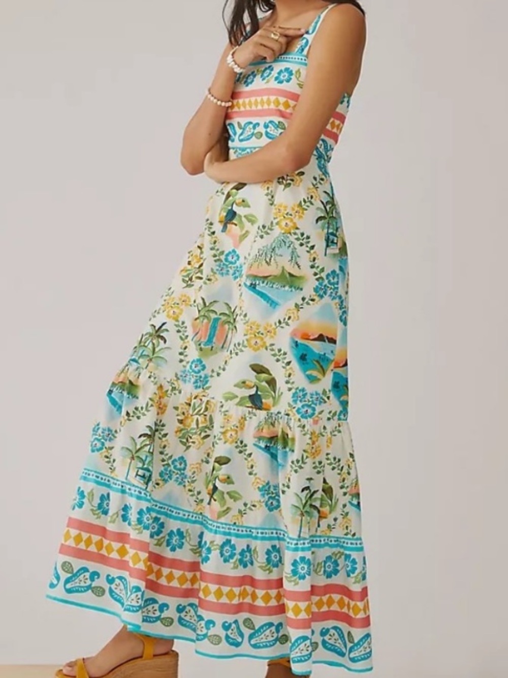 FARM Rio Maxi Dress Tropical Bird Print Cream Teal Green Yellow 100% Cotton XXS